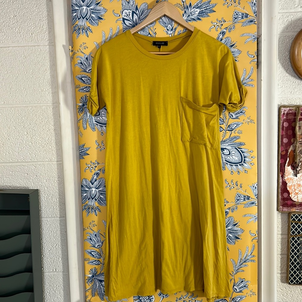 ROOLEE L mustard yellow T-shirt dress with front pocket, super soft cotton blend